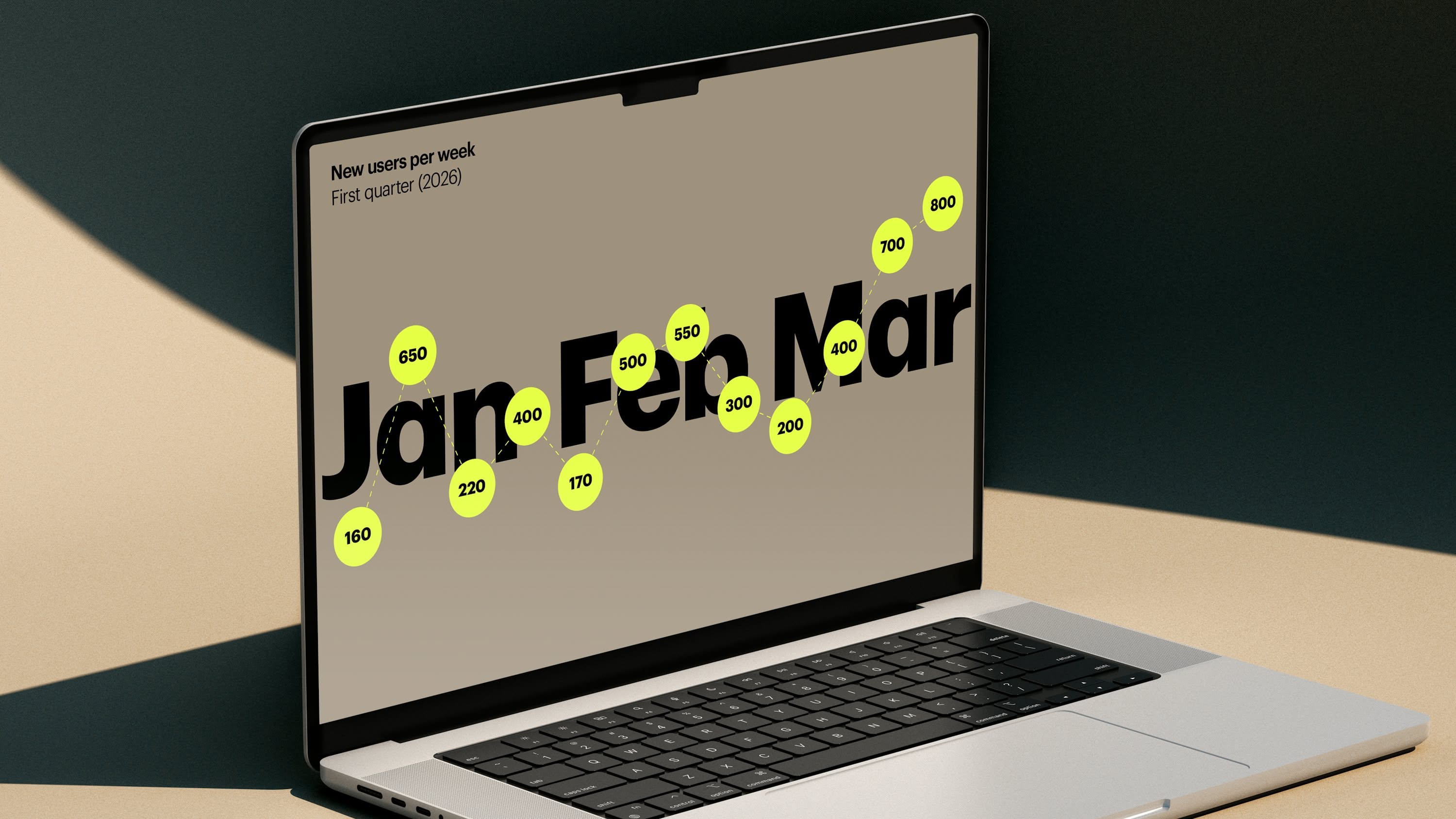 The image presents a clean, modern interface design featuring a large, bold title overlaid with circular data points, suggesting a focus on metrics or user engagement tracking. The visual language is minimalist and data-driven, utilizing high contrast between the dark background and bright text/markers.