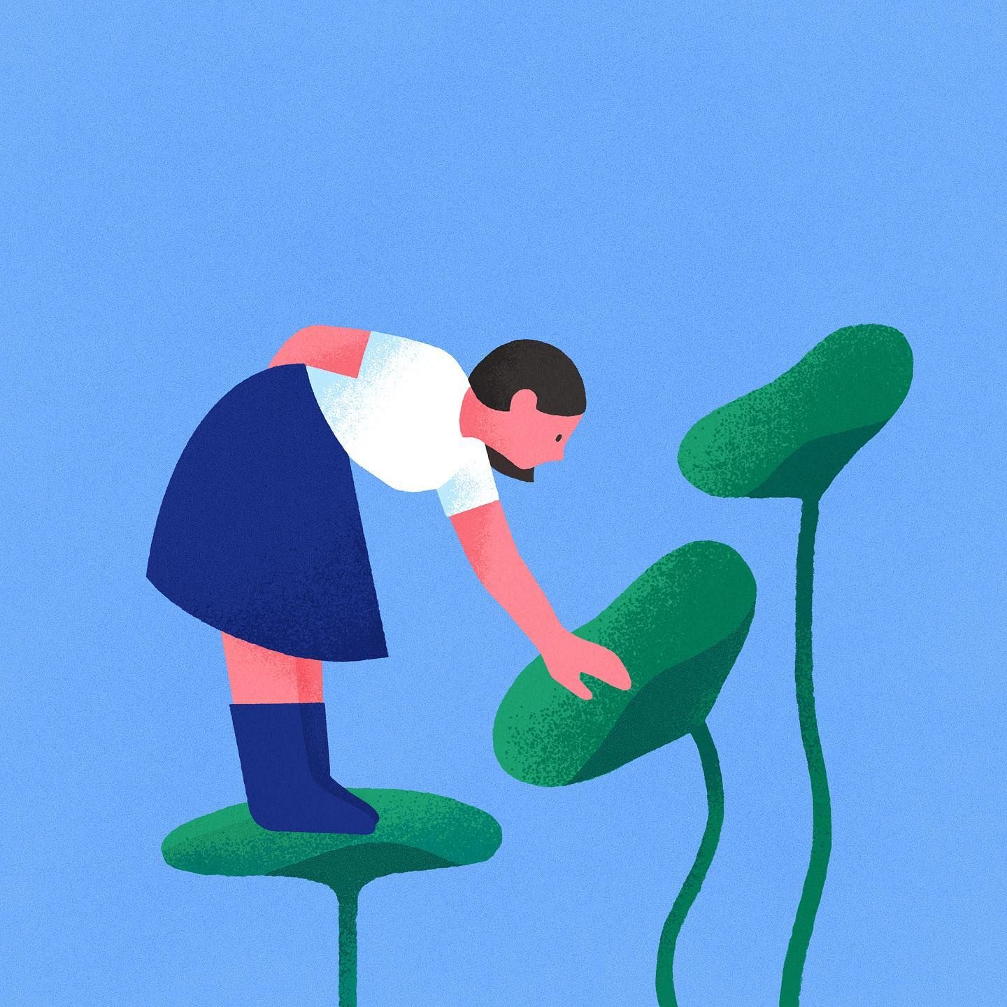 This is a clean, flat vector illustration characterized by simple geometric shapes and a limited, harmonious color palette. The visual language is organic yet highly simplified, creating a calm and playful atmosphere.