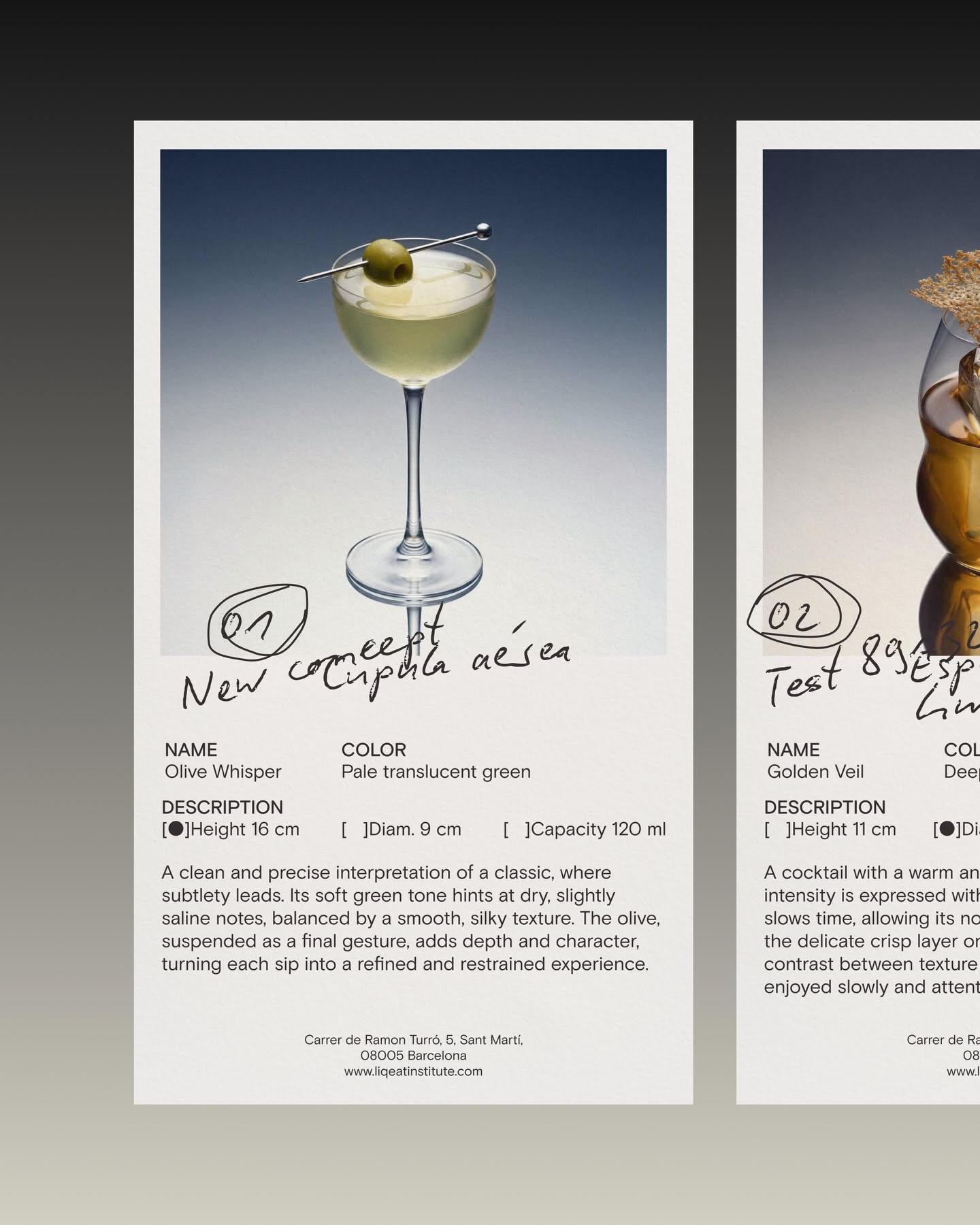 This design employs a sophisticated, minimalist aesthetic to showcase a cocktail, utilizing soft gradients and clean typography to emphasize elegance and refinement. The visual language is serene and focused entirely on the product's quality and presentation.