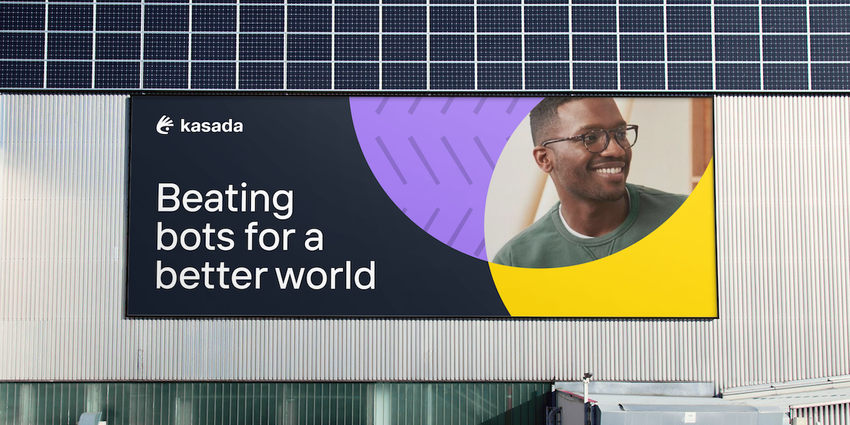 The image features a clean, modern corporate display or sign promoting a message about AI/bots for a better world. It uses a strong contrast between dark backgrounds and vibrant purple and yellow accents to create a dynamic yet professional visual identity.