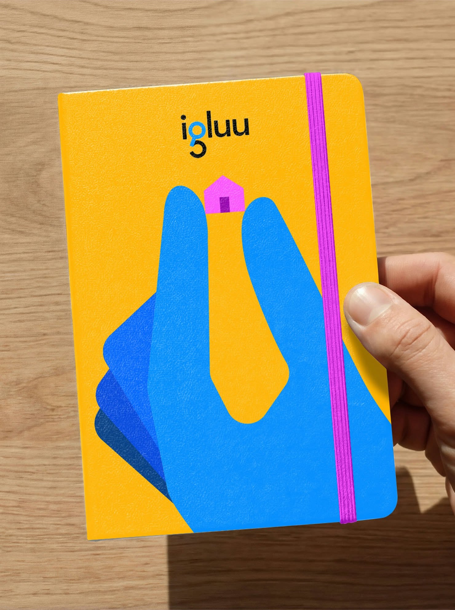 This design features a vibrant, high-contrast composition using bold blocks of color and a minimalist illustration of a hand forming a shape. The visual language is modern, playful, and tactile, relying on saturated hues to create immediate visual impact.