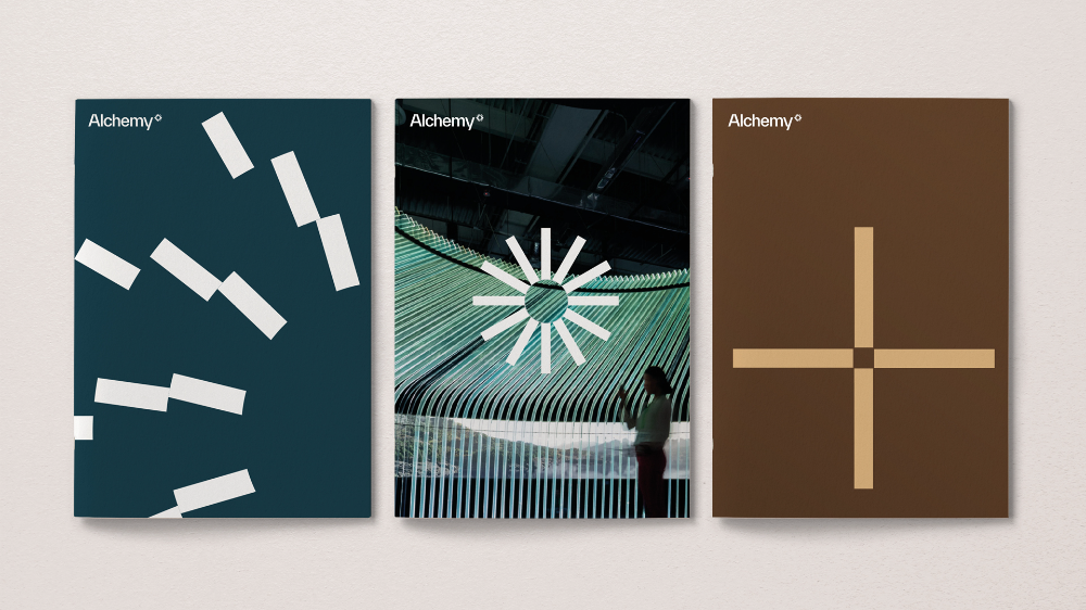 This set of designs showcases a sophisticated blend of abstract and geometric minimalism, utilizing strong color contrasts across three distinct panels. The visual language emphasizes clean lines, precise shapes, and the interplay between solid blocks of color and stark white accents. The overall feel is modern, precise, and high-end.