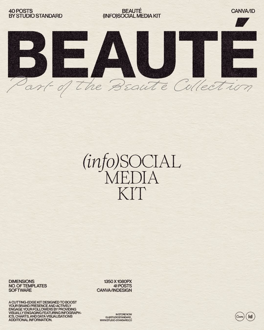 This is a clean, minimalist design for a social media kit, characterized by strong, bold typography and ample negative space. The layout is highly structured, emphasizing the brand name while providing necessary technical details in a subordinate manner.