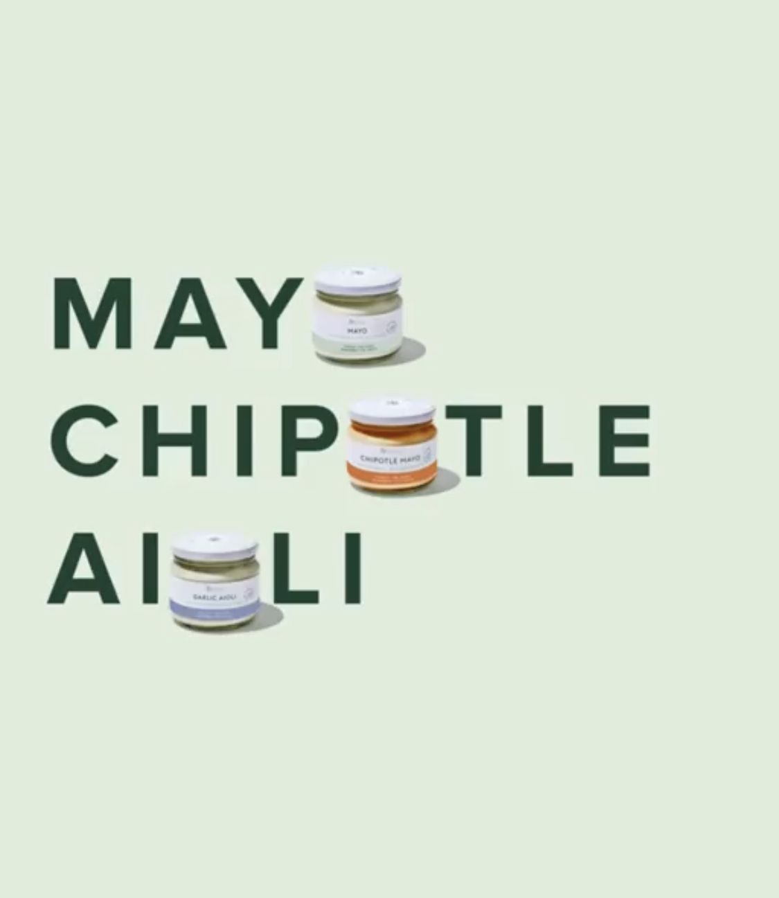 The image features minimalist typography set against a muted, pale green background. It uses simple, clean sans-serif text to present a product name ('MAY CHIPITLE AILI') alongside small, jar-like product mockups, suggesting a clean, natural, or artisanal brand aesthetic.