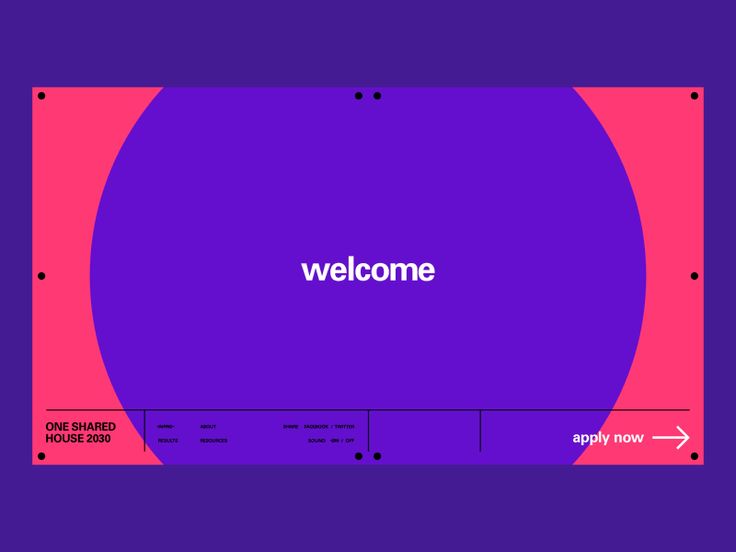 The design features a bold, modern layout dominated by vibrant purple and pink hues, creating a high-contrast yet inviting visual experience. The composition is clean and uses negative space effectively to draw attention to the central welcome message and call to action.
