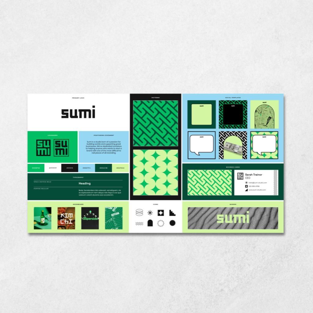 This design showcases a clean, modular layout utilizing strong geometric patterns and a vibrant yet controlled color palette. The visual language is modern and structured, emphasizing clarity and precision through consistent spacing and high-contrast elements.