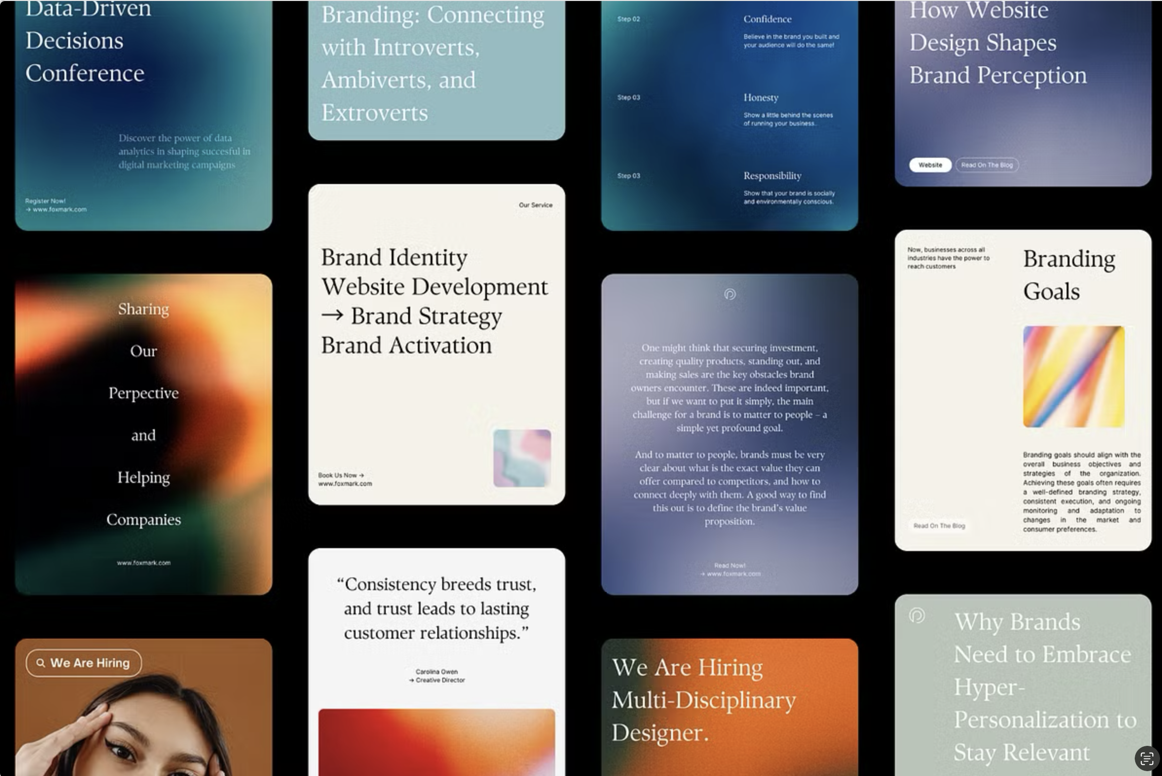 A sophisticated collection of design case studies and branding materials featuring a modern, professional aesthetic. The layout showcases multiple card-based presentations with a cohesive visual system combining deep jewel tones, warm gradients, and minimalist typography. The overall feel is contemporary, corporate, and design-forward with emphasis on brand strategy and digital design thinking.