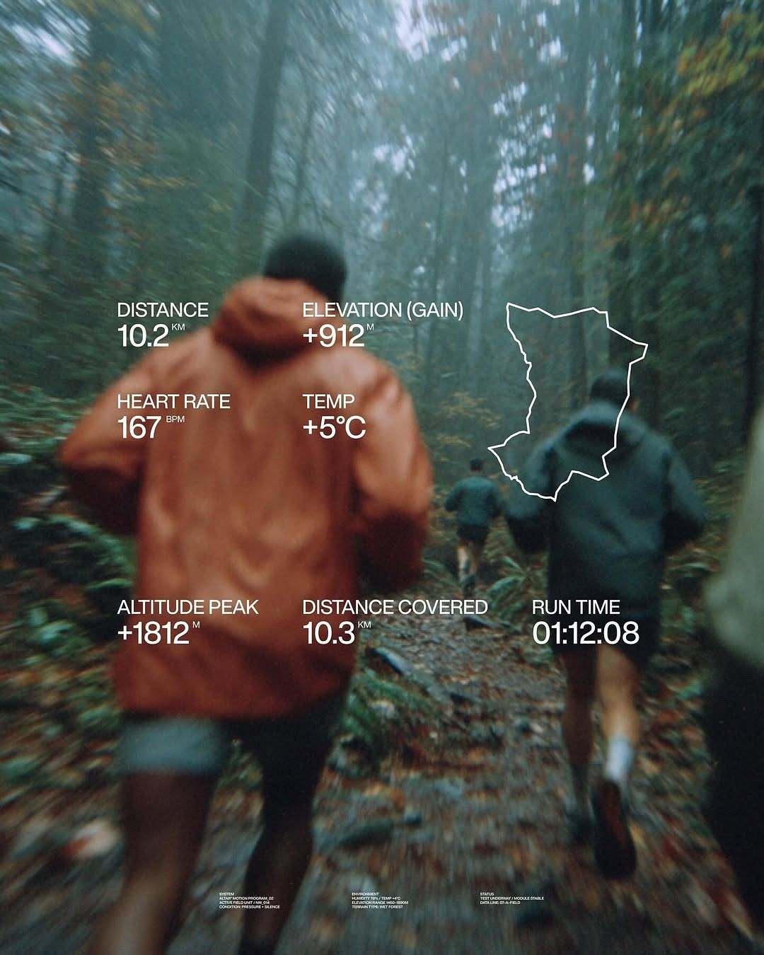 This image masterfully blends dynamic motion blur photography with clean, technical data overlays to create a moody and intense athletic narrative. The visual language relies on muted natural tones and stark white typography to highlight performance metrics against a dark, immersive backdrop.