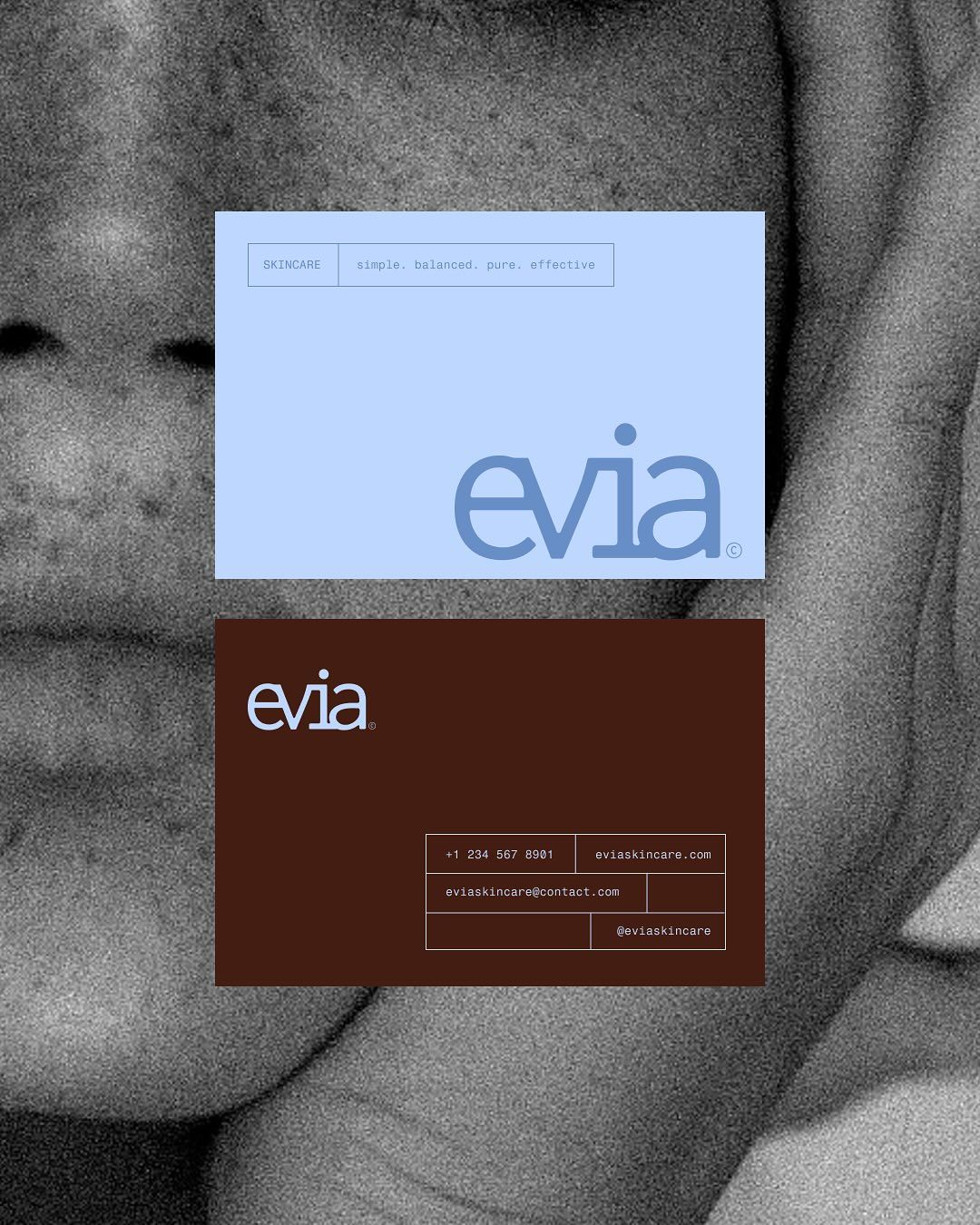 The design is minimalist and clean, utilizing a muted grayscale background contrasted with soft, cool blue and deep earthy brown accents. It conveys a sense of modern professionalism, tranquility, and understated luxury through simple typography and ample negative space.