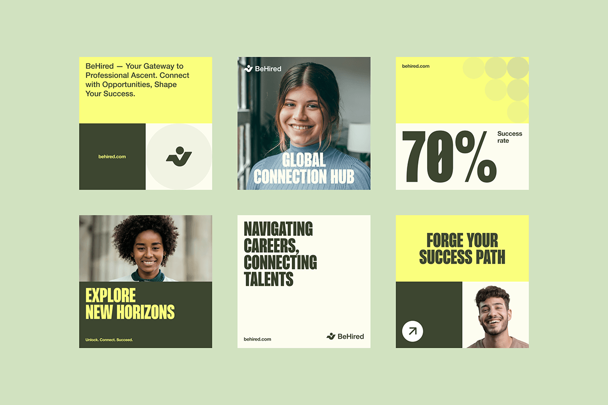 This design utilizes a clean, modern aesthetic with a muted palette of greens and neutrals to convey trust and professionalism. The visual language relies on clear typography and high-quality, approachable imagery to promote career and networking services. The layout is structured and modular, allowing key information to be easily digestible.