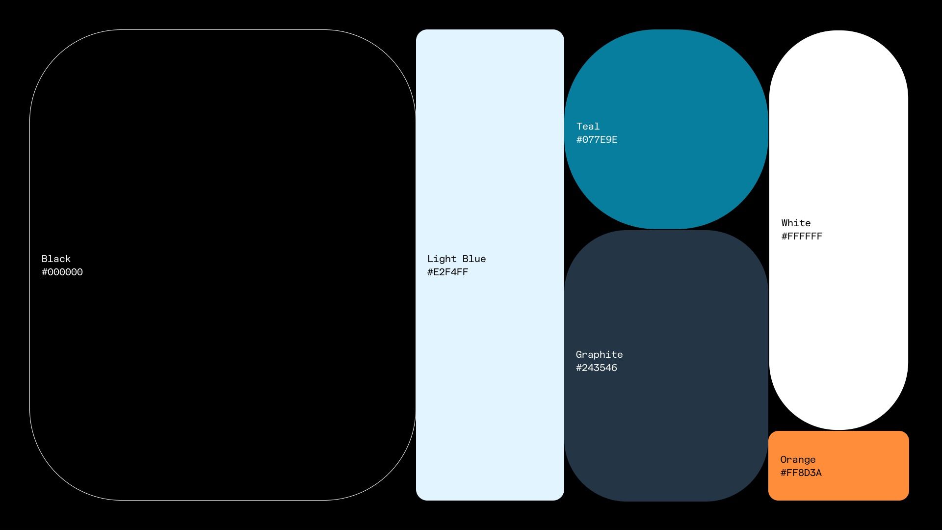 This image presents a clean, modern, and minimalist color palette featuring a dark background contrasted with light blues, teals, and white. The design relies heavily on solid color blocks to create a structured yet serene visual experience.