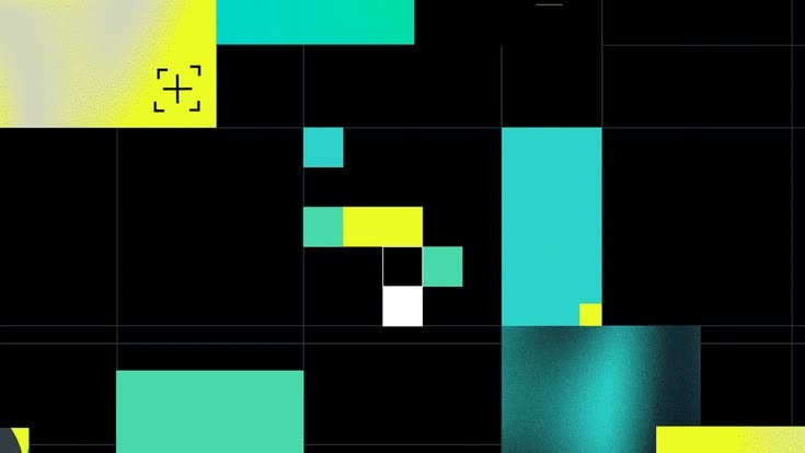 The image presents a stark, geometric abstract composition utilizing a limited, high-contrast color palette against a black background. The design relies heavily on sharp rectangular shapes and varying shades of cyan and yellow-green to create a modern, digital, or grid-based aesthetic.