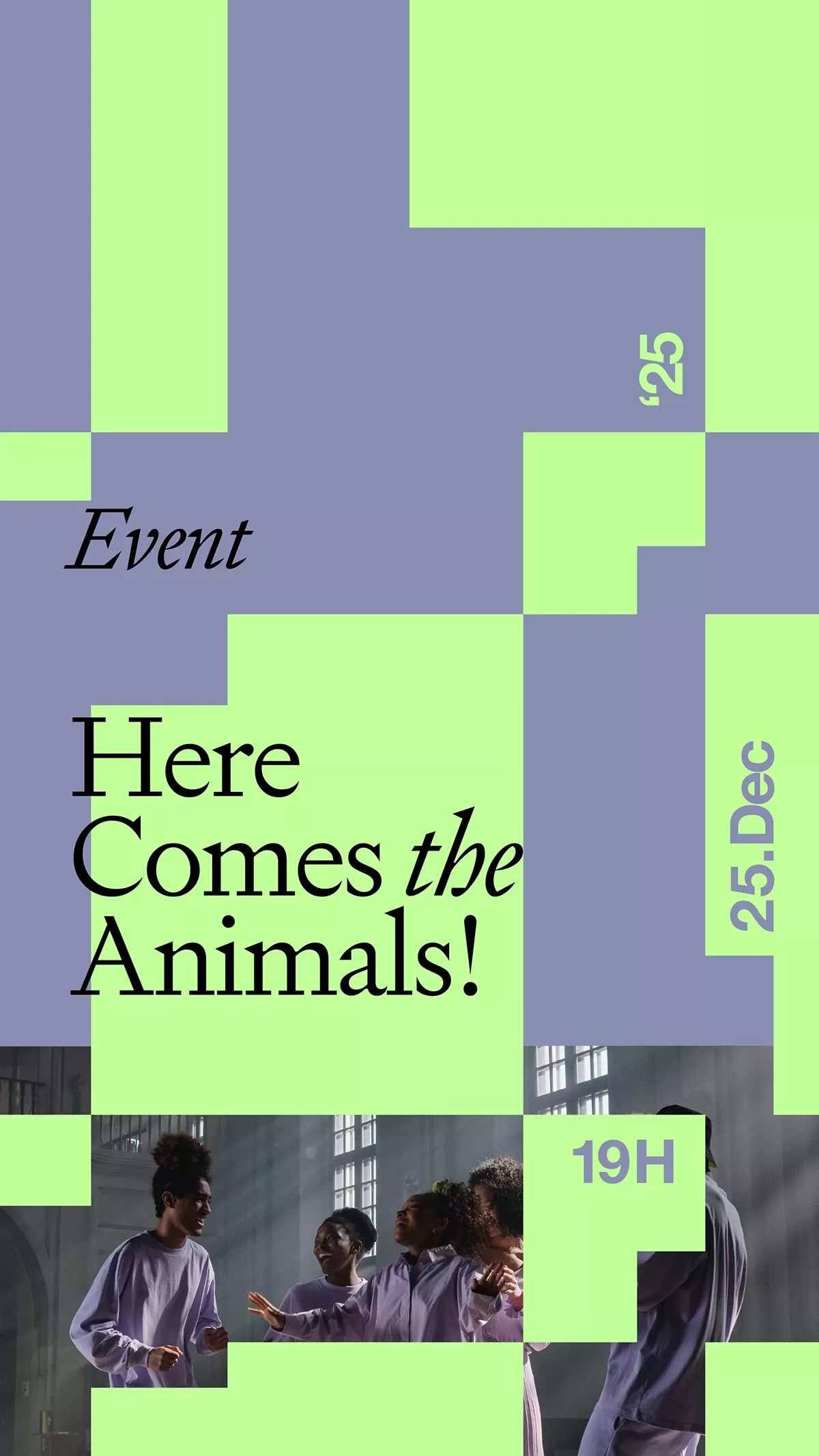 This design utilizes a modern, geometric layout with bold color blocking and a grid structure to announce an event. The visual language is clean and structured, using high contrast between muted purple and vibrant lime green to create an engaging and contemporary feel.