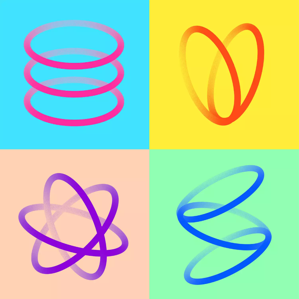 This image is a vibrant, abstract graphic design composed of four distinct quadrants, each featuring a simple, continuous line motif against a solid, bright background. The design utilizes smooth curves and overlapping shapes to create a sense of movement and modern simplicity.