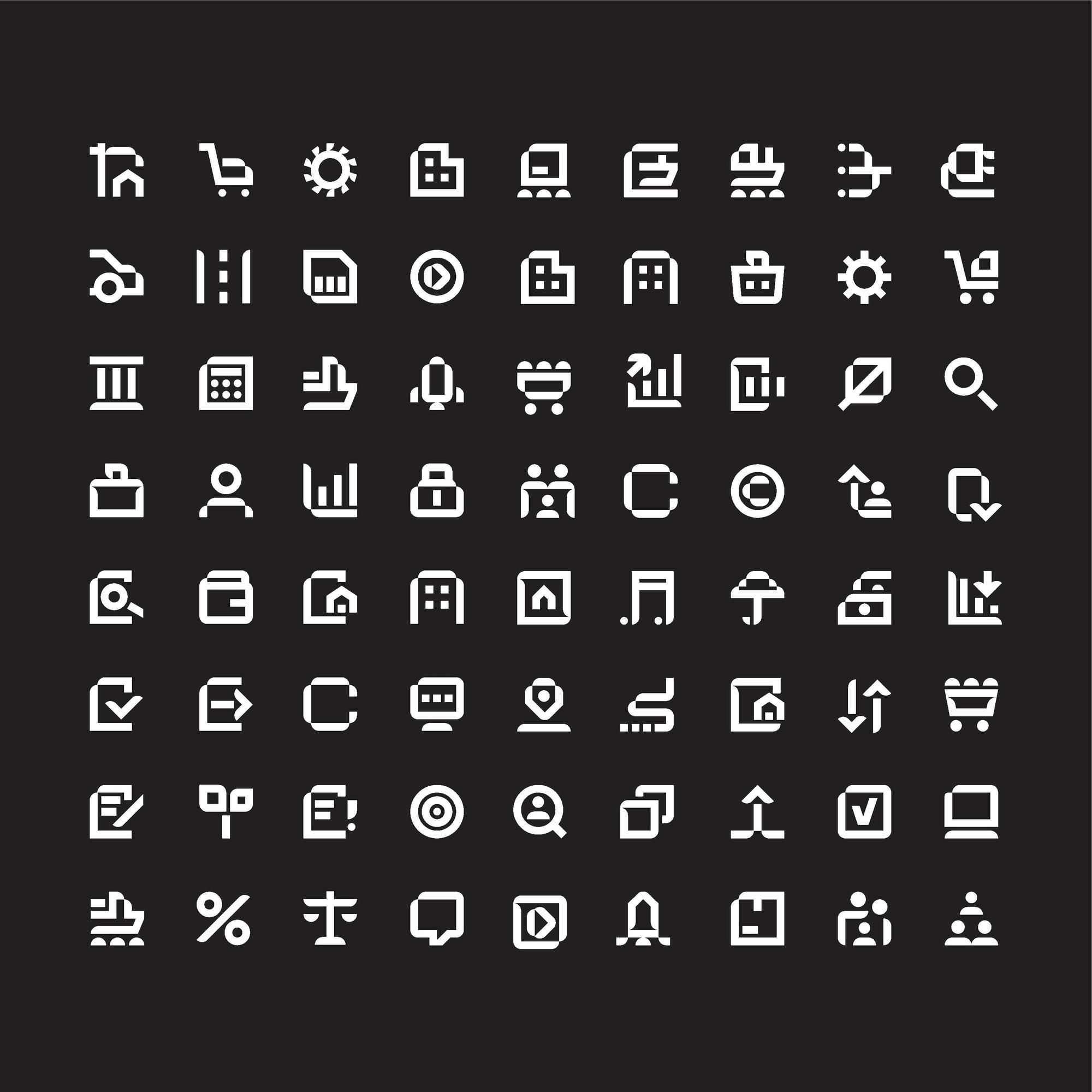 This image presents a dense, systematic grid of line-art icons set against a stark black background. The design language emphasizes clarity, functionality, and extreme minimalism through simple, consistent stroke weights and geometric forms. It showcases a highly organized collection suitable for modern digital interfaces.