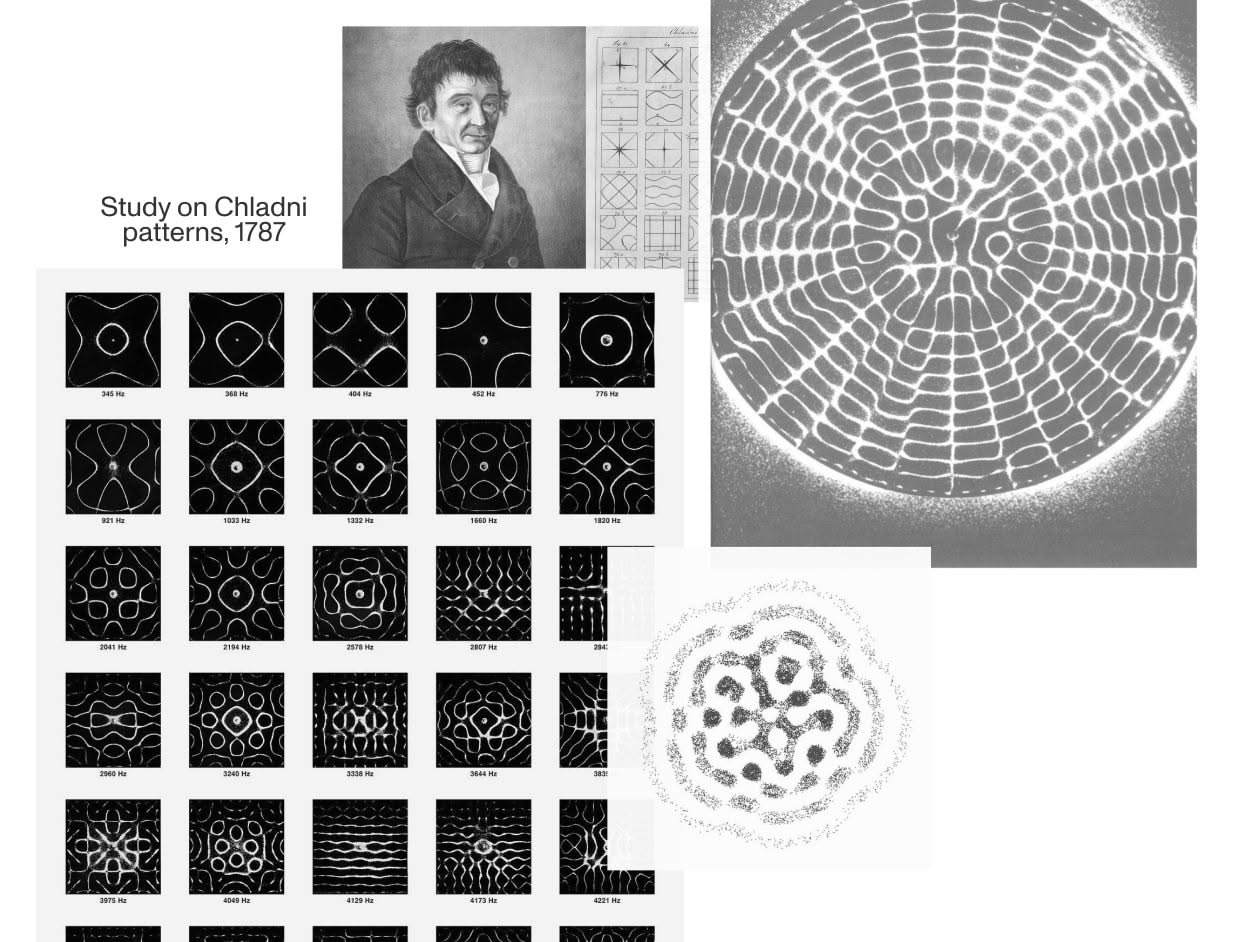 This visual study presents a collection of intricate, high-contrast patterns, likely historical scientific illustrations related to Chladni figures or nodal vibrations. The design emphasizes geometric precision and the detailed rendering of wave-like textures across various scales.