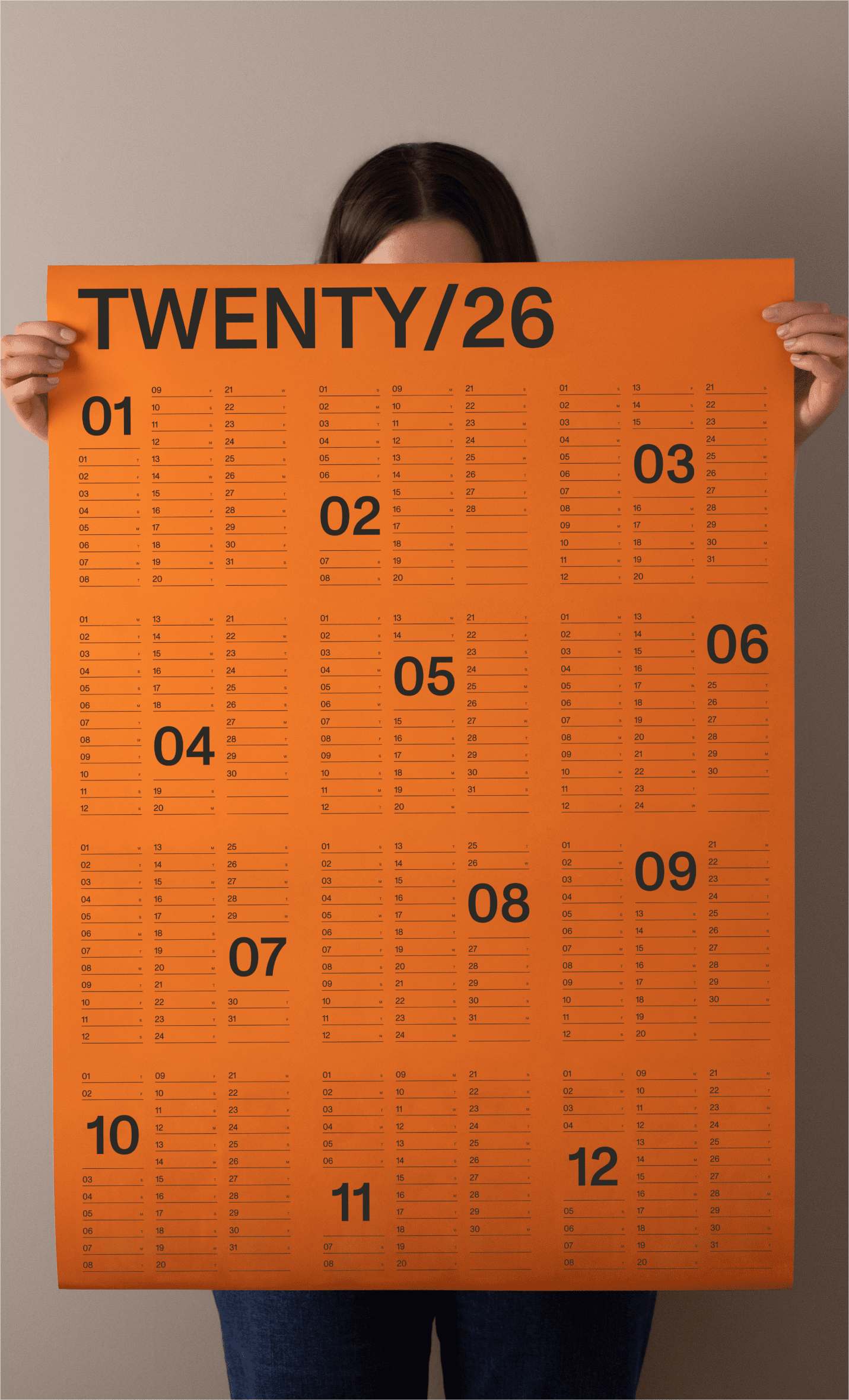 This image displays a highly structured, grid-based calendar or planner layout dominated by a vibrant orange color. The design emphasizes functionality and organization through clear numerical labeling and repetitive cell structures, suggesting a utilitarian or planning-oriented purpose.