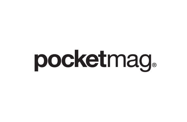 The image features a clean, modern wordmark for 'pocketmag' using a strong, sans-serif typeface. The design is minimalist and relies on negative space to convey a sense of contemporary professionalism and directness.