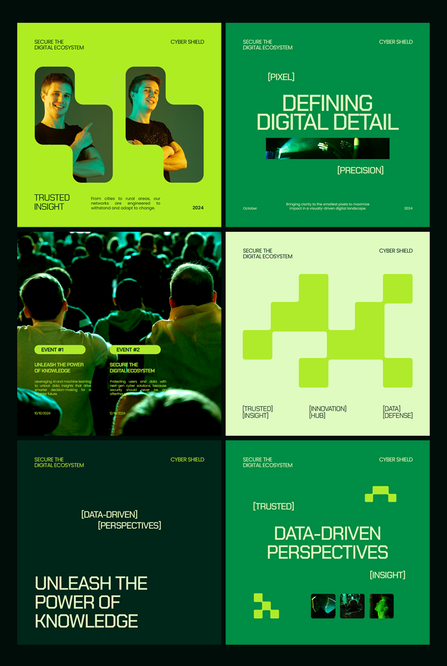 This design utilizes a strong, high-contrast visual language combining dark backgrounds with vibrant neon green accents and geometric shapes to convey themes of digital security, data insight, and technological precision. The layout is clean, modular, and emphasizes clear segmentation between concepts, making complex ideas digestible.