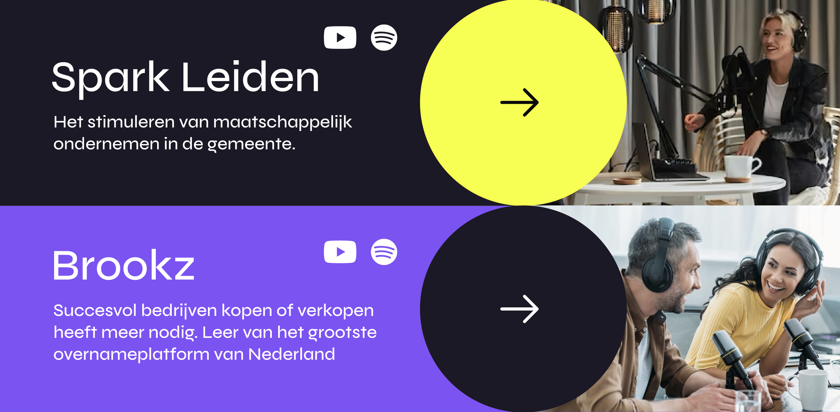 The image presents a clean, modern, and professional layout using a dark background contrasted with bright yellow and purple accents. It uses clear typography and simple iconography to present two distinct service offerings in a minimalist manner.