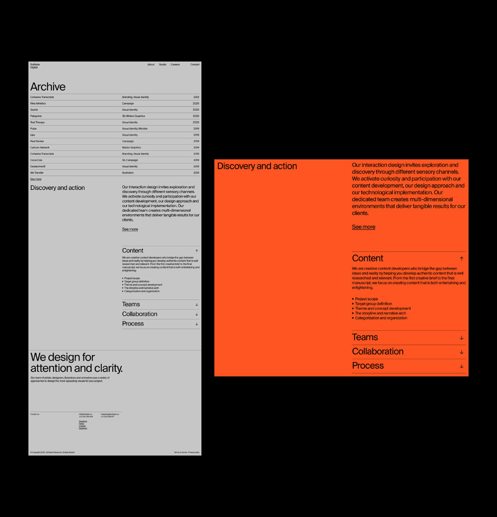 The image presents a clean, minimalist, and professional interface with a strong emphasis on clear navigation and structured information. The design uses ample white space to create a sense of order and sophistication, relying on simple typography and subtle color accents for hierarchy.
