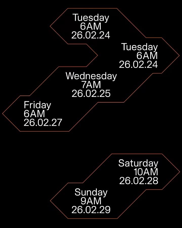 The image presents a minimalist, timeline-like graphic using simple geometric shapes to denote scheduled events. The design relies heavily on negative space and a clean, monochromatic aesthetic to convey information clearly and chronologically.