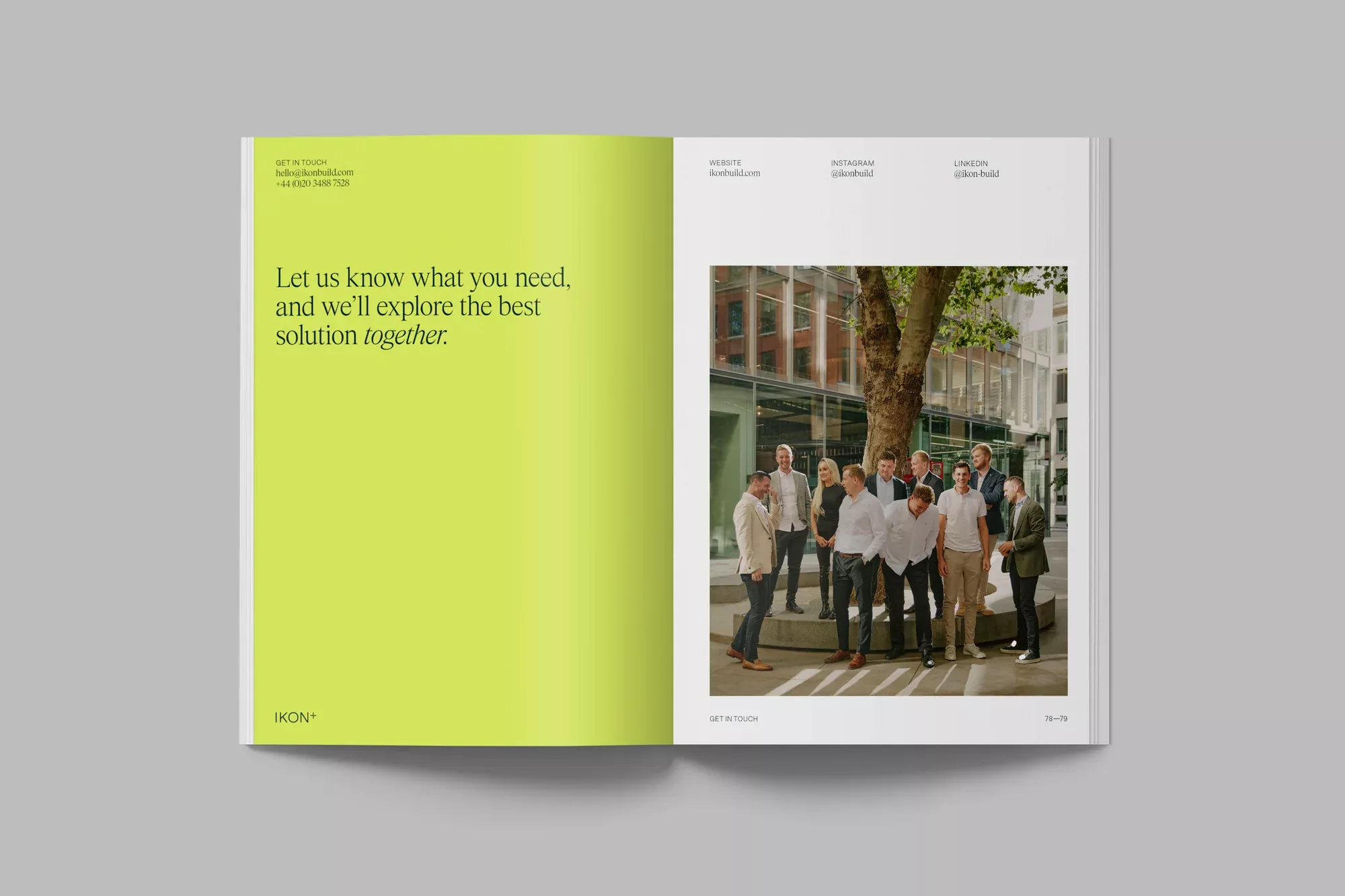 A modern, minimalist brochure or portfolio spread featuring a vibrant lime-yellow left page with clean typography contrasted against a white right page displaying a candid team photograph. The design emphasizes whitespace, contemporary layout principles, and a bold color accent that draws immediate visual attention.