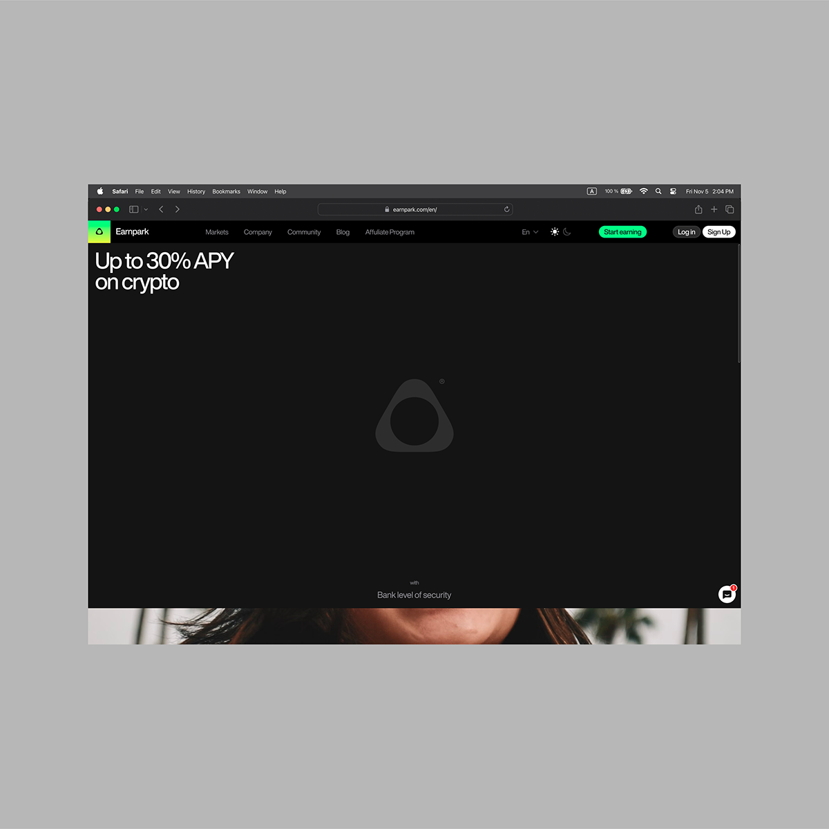 This interface utilizes a dark theme to create a sophisticated, high-tech feel suitable for a financial service. The design is clean and minimalist, emphasizing the promotional message while maintaining a sense of professional security through subtle visual cues. The layout focuses attention directly on the core product offering.