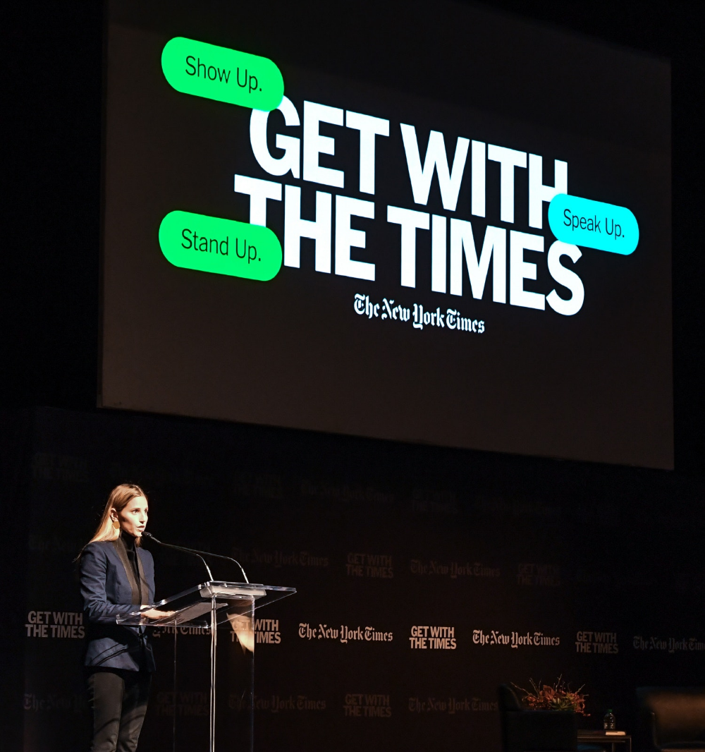 This image features a presentation slide with bold, capitalized text overlaid on a dark background, utilizing bright green call-to-action buttons. The design is clean, modern, and direct, aiming for high impact in a professional or media context.