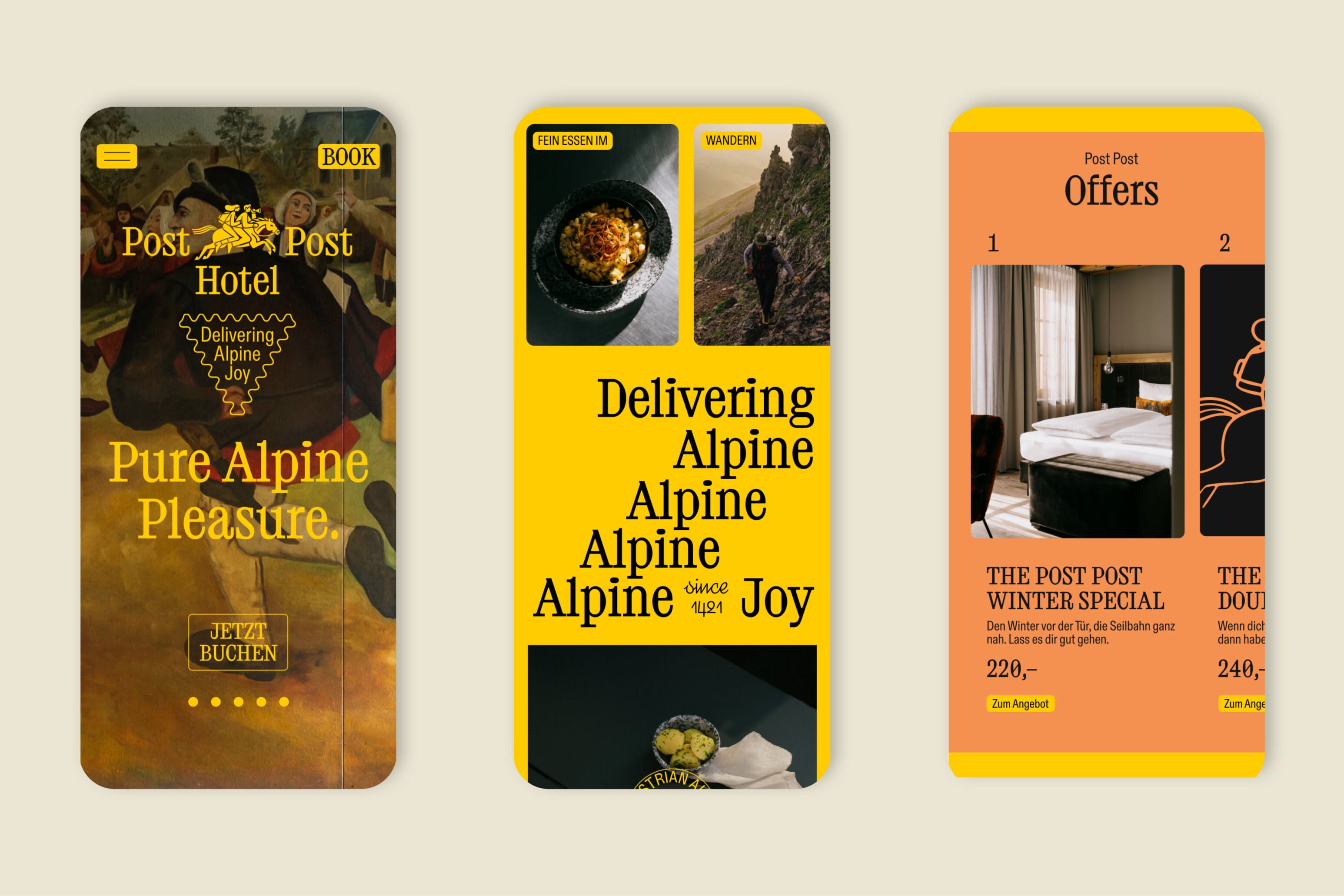 The design employs a sophisticated, earthy aesthetic with strong contrast between deep blacks/greens and warm golden yellows. It balances rustic imagery (like the food shot) with clean, modern typography to convey a sense of luxury and authentic alpine experience.