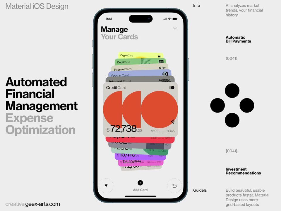 The image presents a clean, modern mobile UI design mockup focused on financial management. It uses a minimalist aesthetic with clear hierarchy and vibrant accent colors to present data in an organized, accessible manner.