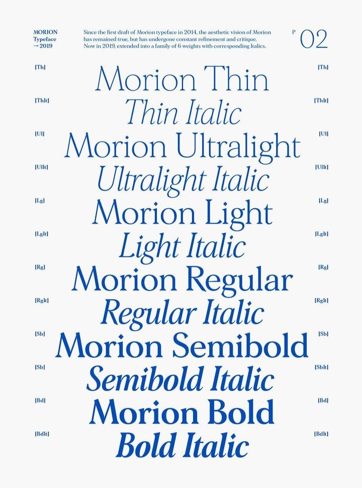 A clean, minimalist typography specimen sheet showcasing the Morion typeface family across multiple weights and styles. The design uses a sophisticated blue color palette against a light background, presenting each font variation with its corresponding weight name and italic counterpart in a hierarchical, easy-to-scan layout.