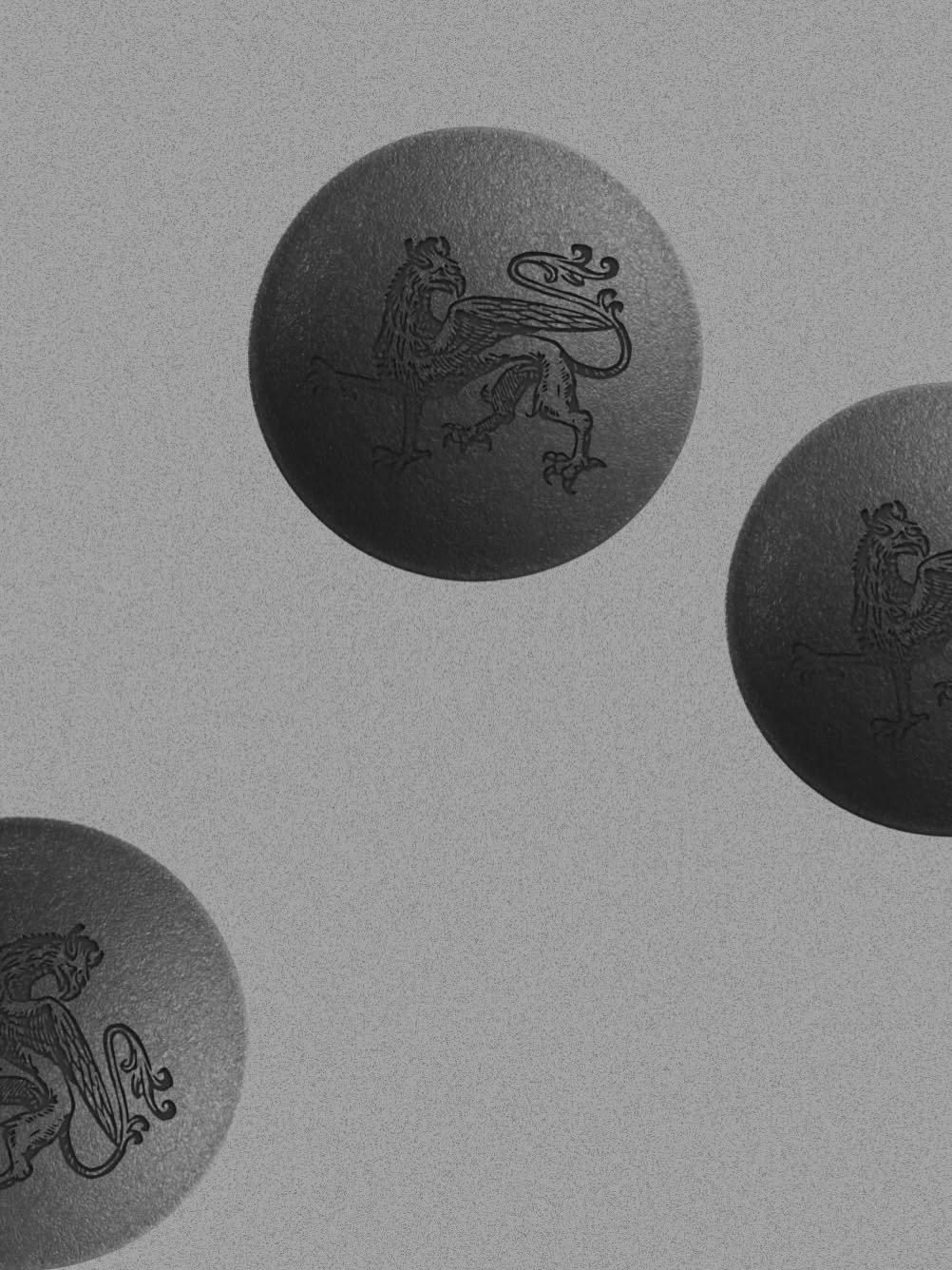 The image features a minimalist, monochromatic design composed of several dark, circular elements, each containing a stylized silhouette of a lion. The visual language is stark and symbolic, relying on negative space and simple graphic representation.