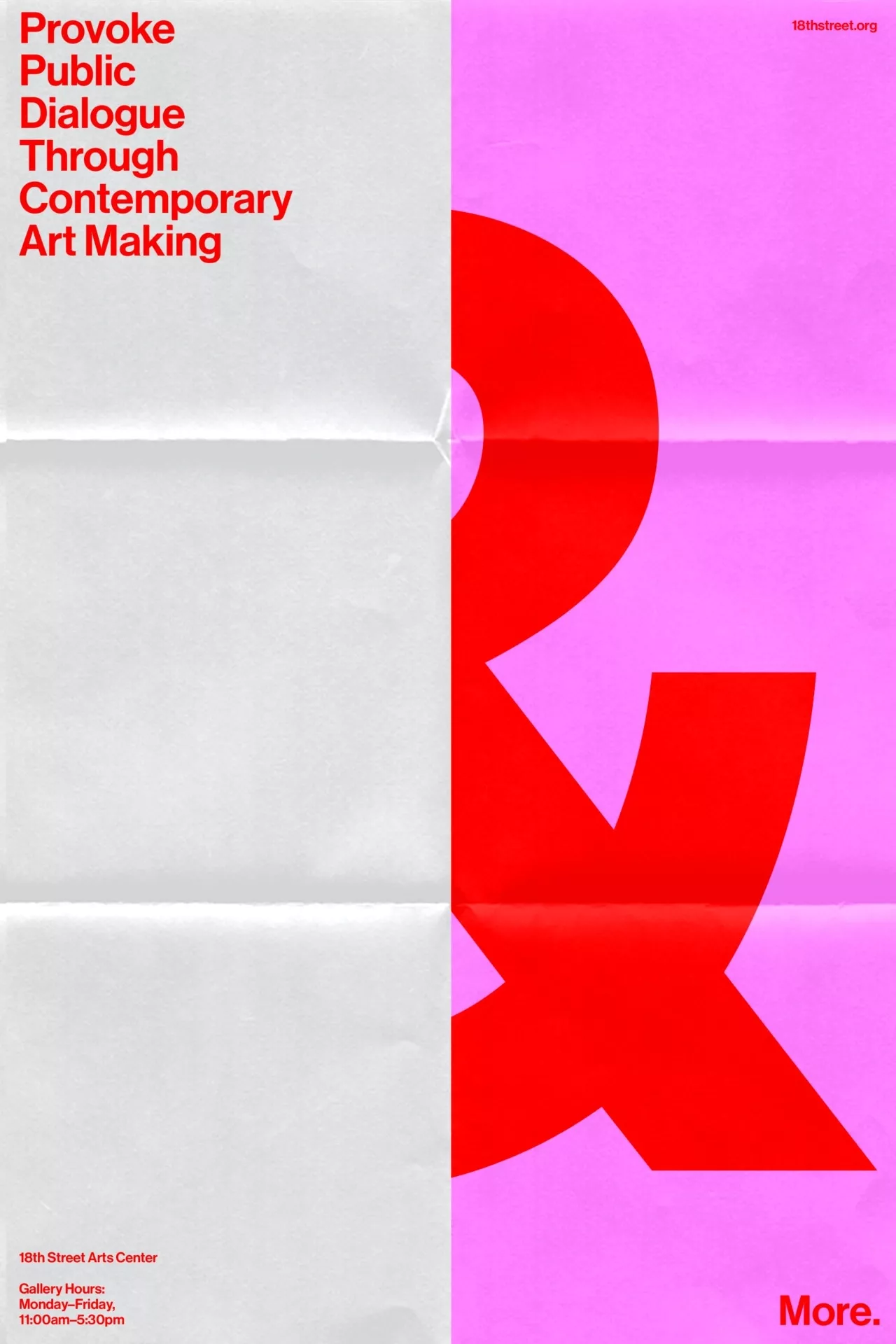 The design is stark and high-contrast, utilizing a bold, graphic element in vibrant red against a soft pink background. It conveys a sense of modern artistic provocation and direct communication through strong visual hierarchy.