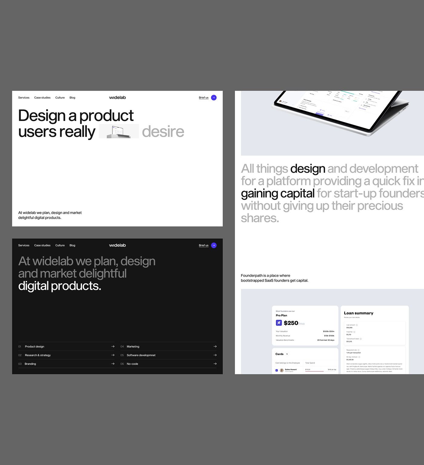 A modern, minimalist design portfolio or agency website showcasing clean typography and sophisticated layout across multiple screen mockups. The design emphasizes whitespace, contemporary sans-serif typography, and a balanced composition between text and visual elements. The aesthetic reflects a high-end digital design and development studio with focus on clarity and professional presentation.