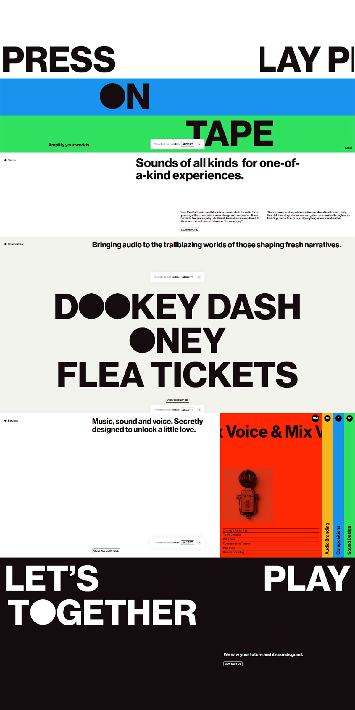 This is a high-contrast, modern graphic design utilizing bold typography and geometric shapes to create an energetic and professional brand identity. The layout successfully uses negative space and clear text hierarchy to promote audio-based events and services.