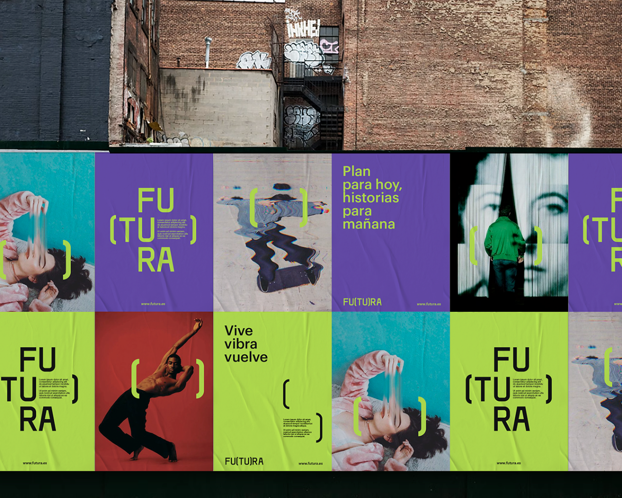 This is a grid layout featuring promotional or artistic visuals, characterized by strong graphic elements and a limited, somewhat muted color palette. The design uses bold typography juxtaposed with photographic or abstract imagery to convey a modern, perhaps underground or artistic mood.