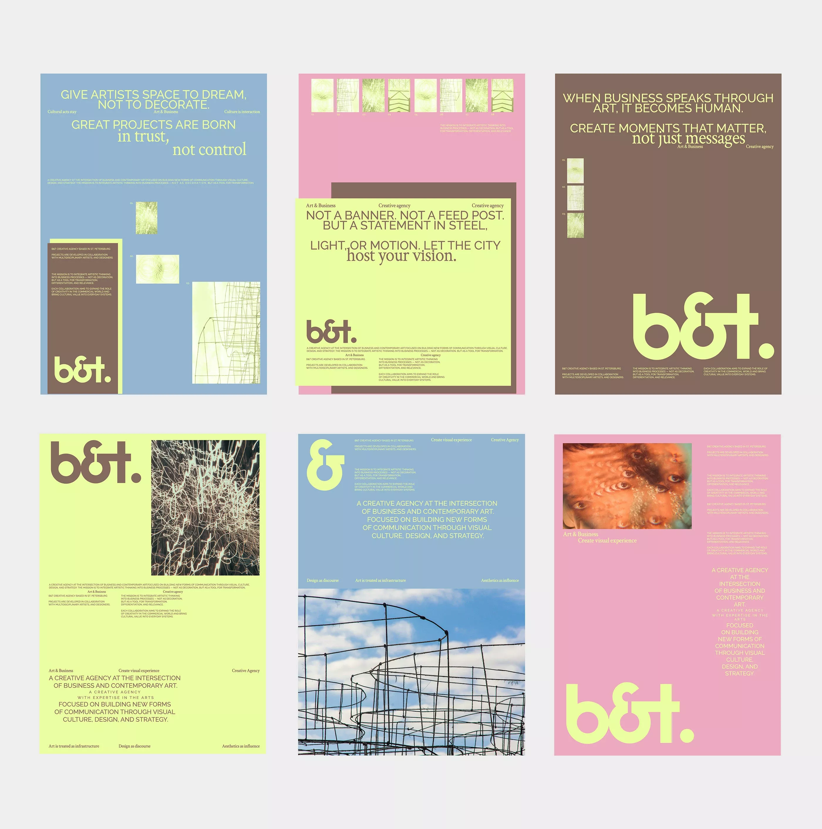 The image displays a series of clean, minimalist brand identity mockups or design concepts characterized by strong typographic hierarchy and restrained use of color. The overall visual language is sophisticated, modern, and emphasizes clarity and trust through simple layouts.