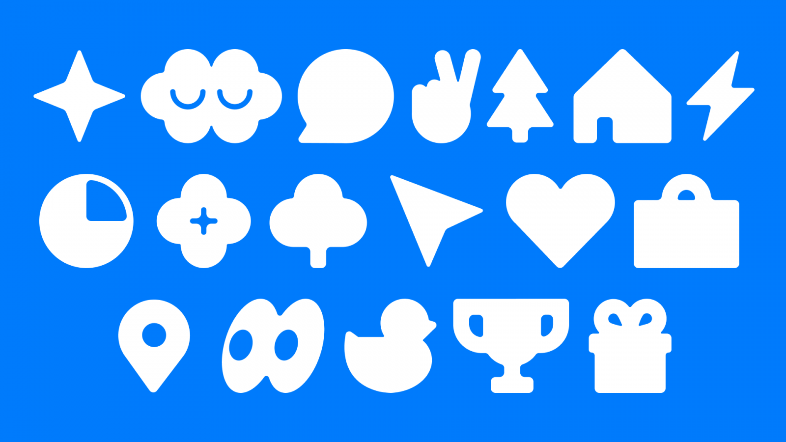 This is a set of crisp, high-contrast icons utilizing a flat design aesthetic to convey various concepts clearly. The visual language emphasizes simplicity, clarity, and functional representation through strong geometric shapes.