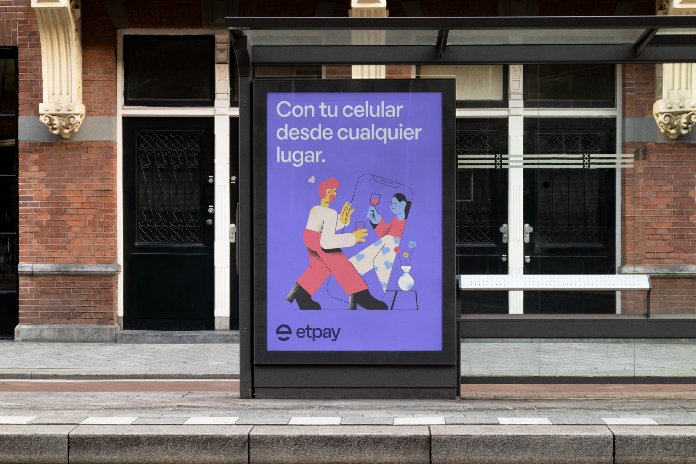 A vibrant digital billboard advertisement featuring a modern, playful illustration style with bold typography in Spanish. The design uses a striking purple background with colorful character illustrations, promoting a mobile payment or financial service (etpay) with an accessible, friendly visual language.