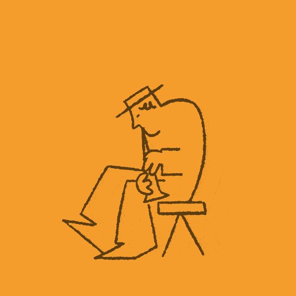 This is a simple, hand-drawn line illustration depicting a figure, possibly a man in a hat, engaged in an activity like writing or drawing. The visual language is minimalist and sketchy, conveying a sense of casual creativity or contemplation.