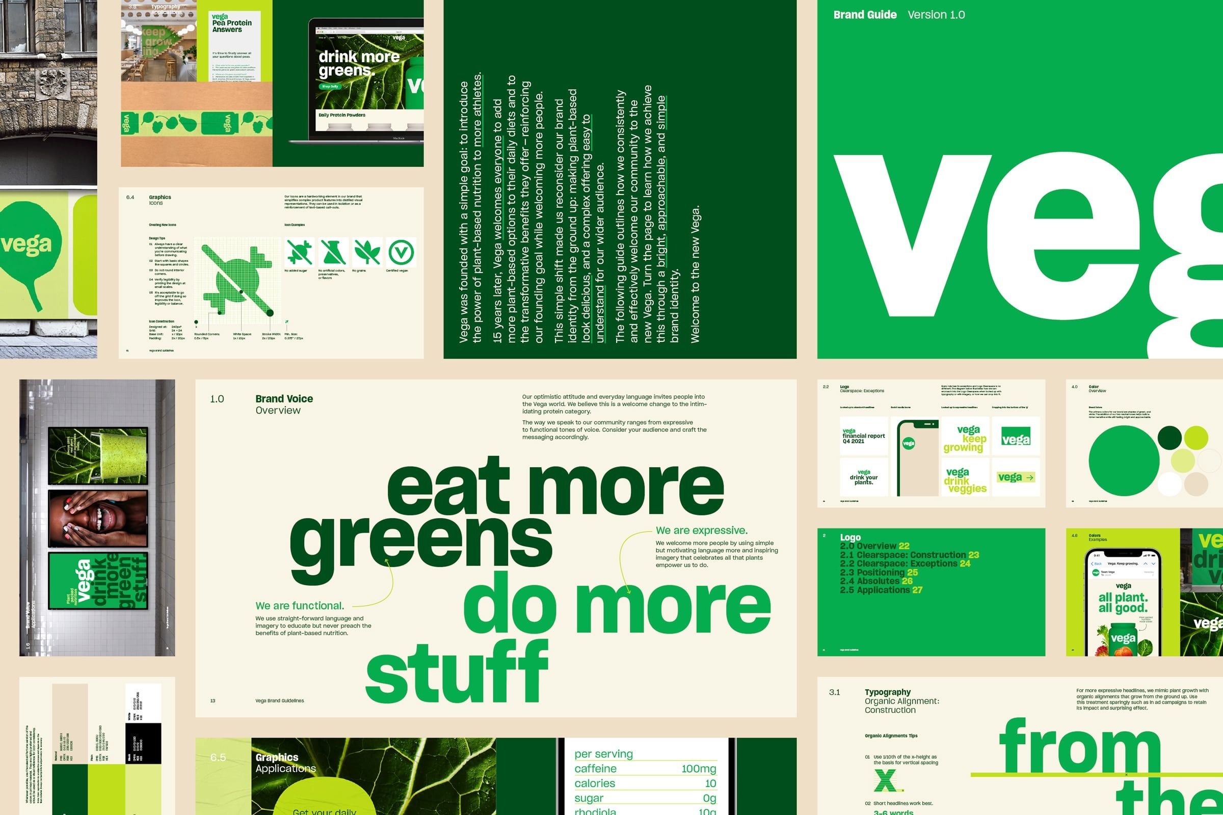 The design exhibits a clean, modern, and nature-inspired aesthetic, utilizing ample white space contrasted with vibrant greens. The layout is modular and grid-based, suggesting a comprehensive brand guideline or marketing collateral.