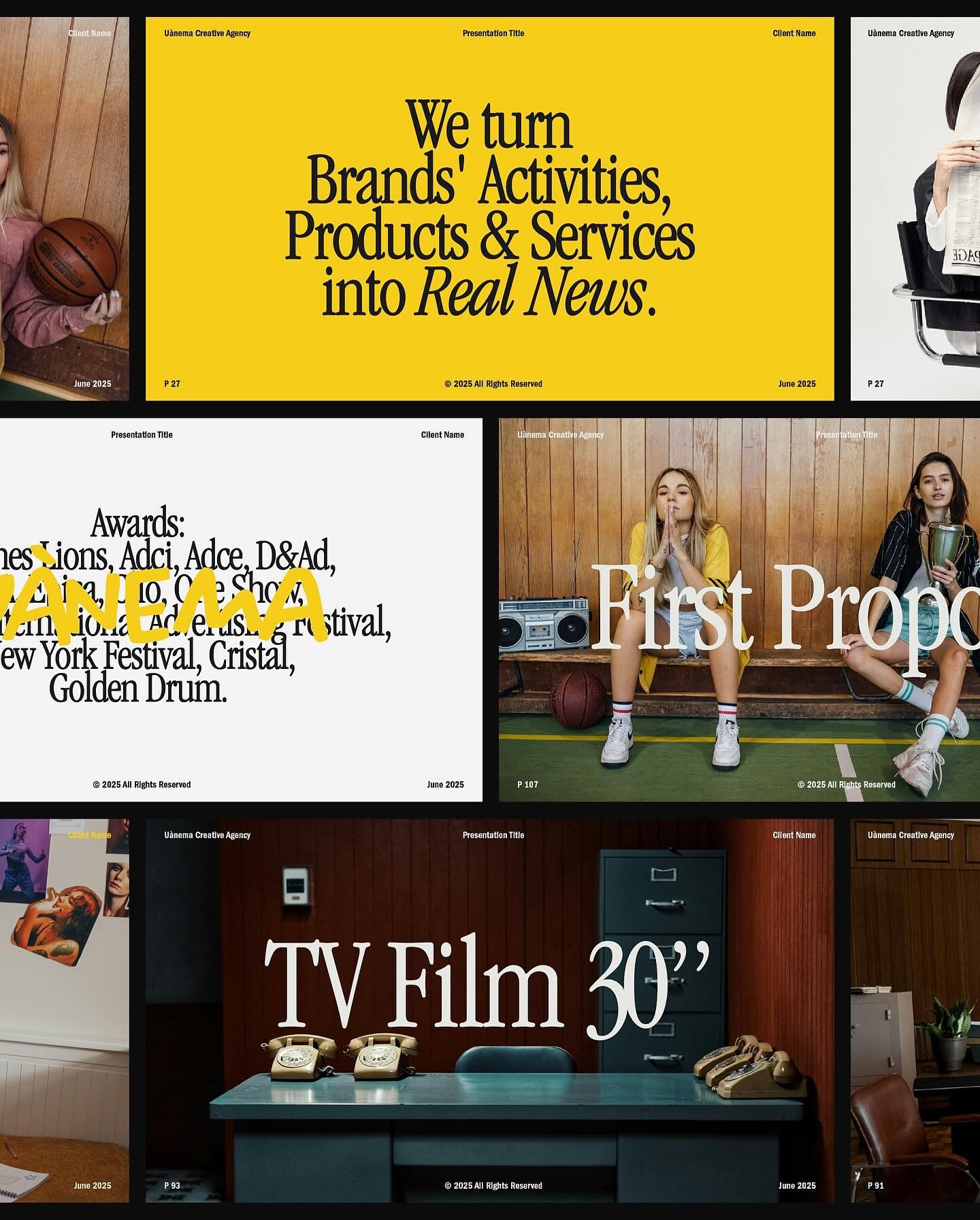 The image displays a series of presentation slides or mockups, characterized by a clean, high-contrast design primarily using yellow and black. The visual language is direct and bold, aiming for a professional yet energetic feel suitable for a business or media presentation.