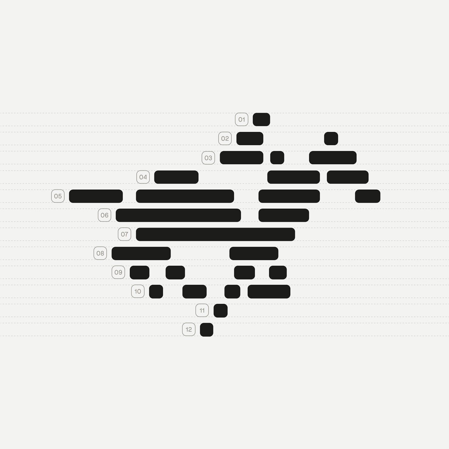 This image is a minimalist, data-visualization style graphic composed of horizontal bars of varying lengths, suggesting a spectrum or performance metric. The design relies heavily on negative space and precise alignment to convey information in a clean, modern manner.