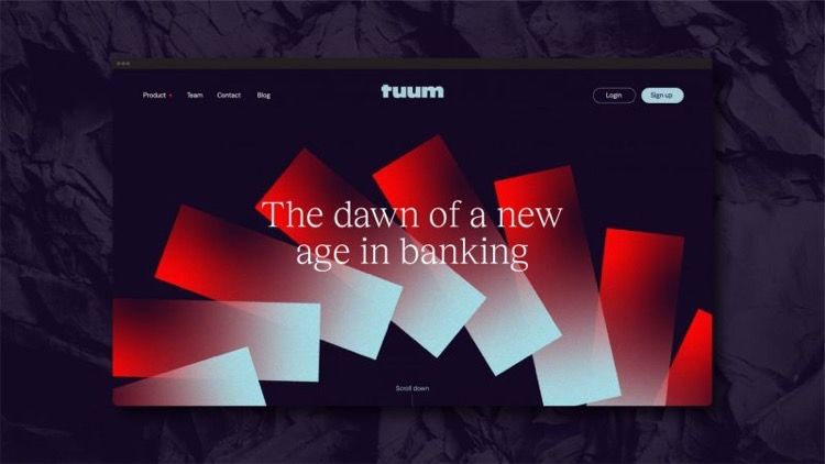 The design utilizes a dramatic, abstract composition of overlapping geometric shapes in vibrant red and deep charcoal tones to create an energetic and modern feel. The visual language is bold and dynamic, effectively setting a sophisticated tone for the banking service being promoted.