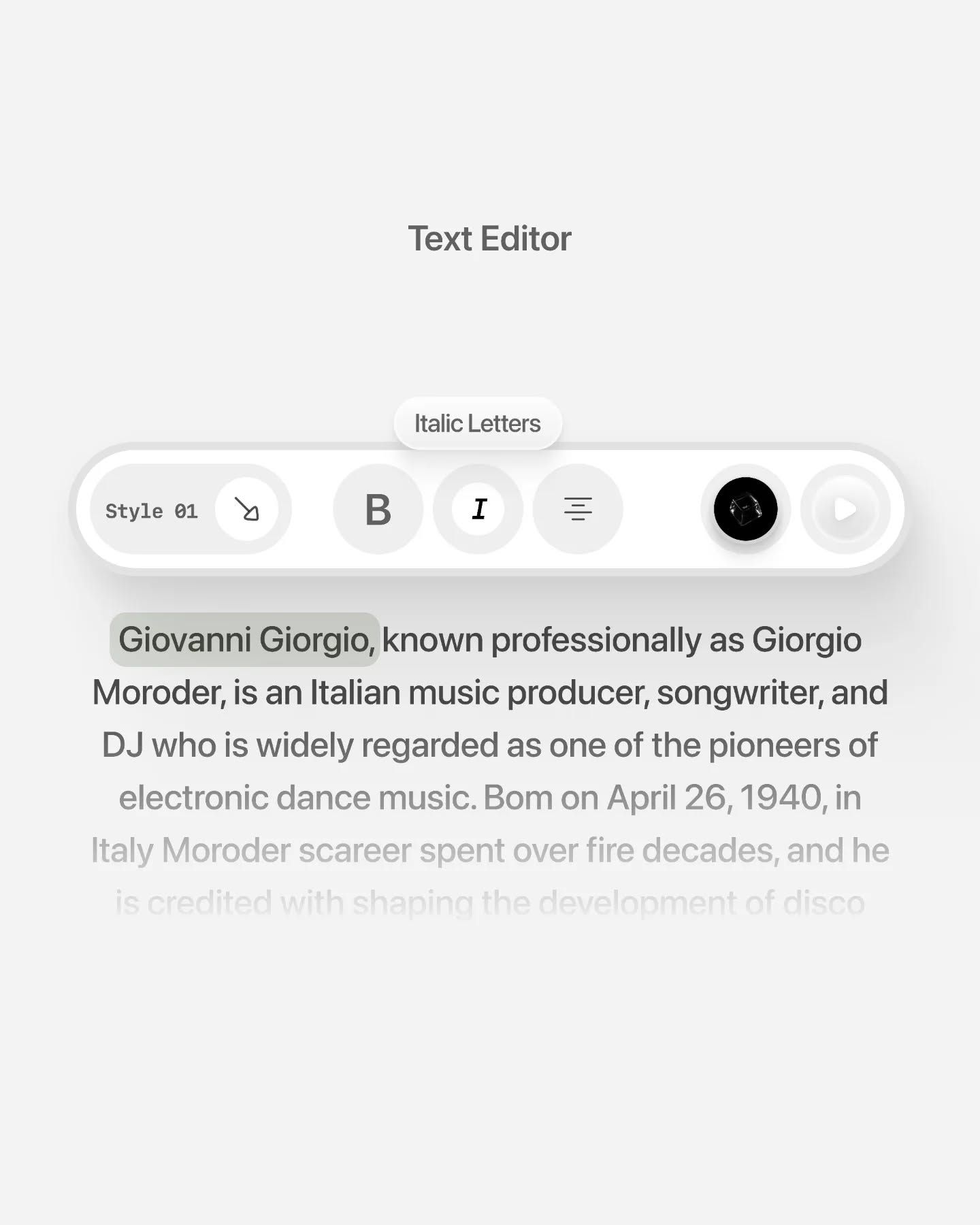 The image presents a minimalist, clean interface design for a text editor, characterized by ample white space and subtle gray accents. The visual language is functional and modern, focusing entirely on the text input area and basic formatting controls.