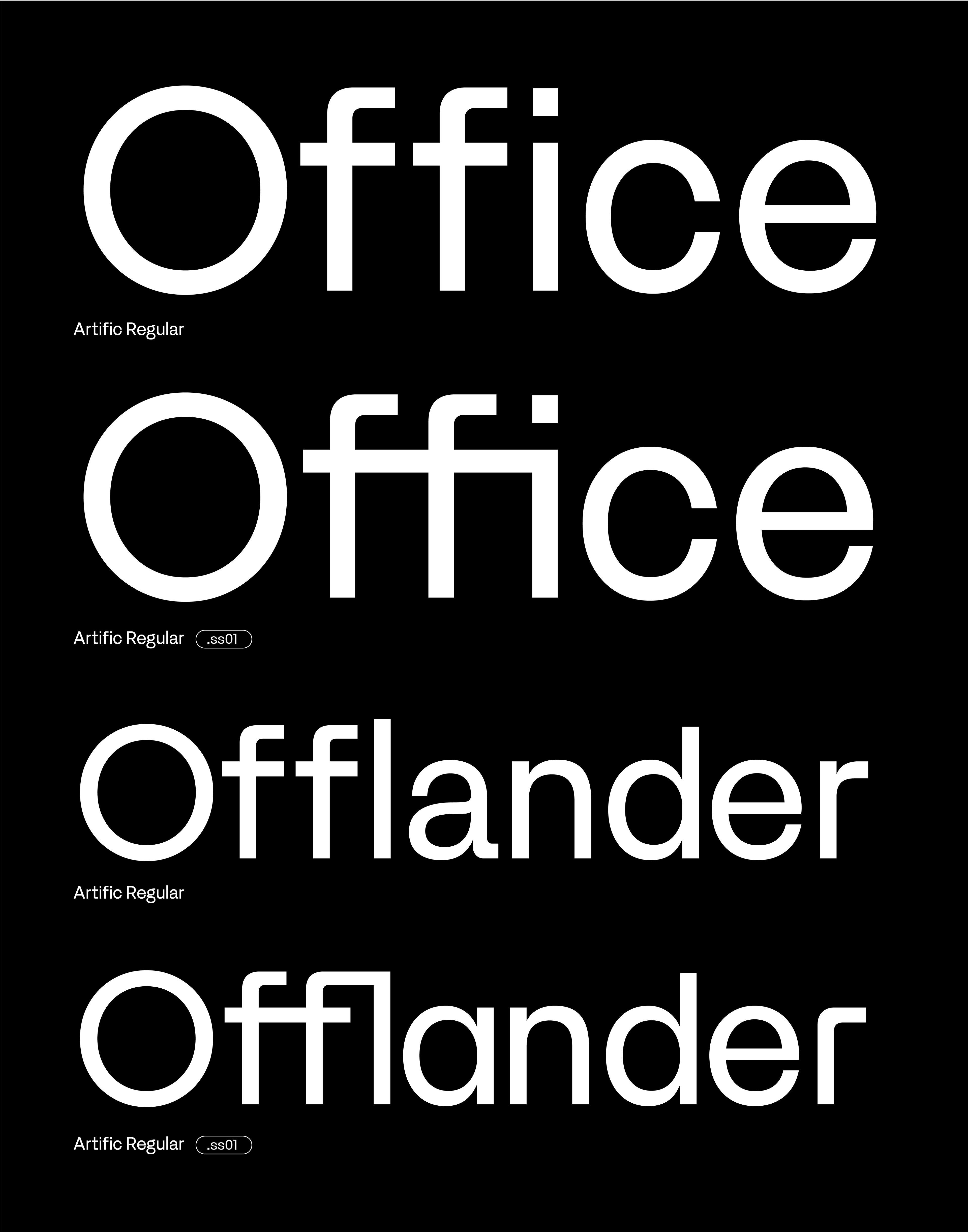 A minimalist typography specimen showcasing four variations of sans-serif typefaces against a stark black background. The design demonstrates font weight and style variations through the repeated words 'Office' and 'Offlander,' emphasizing clean geometric letterforms and modern typographic hierarchy.