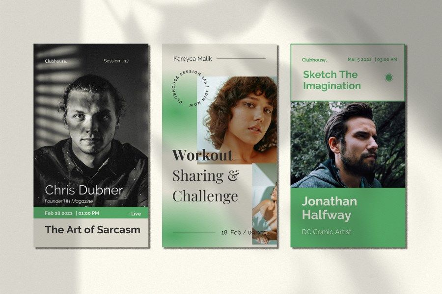 The image displays promotional posters for events, characterized by a clean, modern, and somewhat minimalist design using a muted color palette dominated by greens and black. The layout is structured with clear photographic elements juxtaposed against white space to create a professional and engaging visual hierarchy.