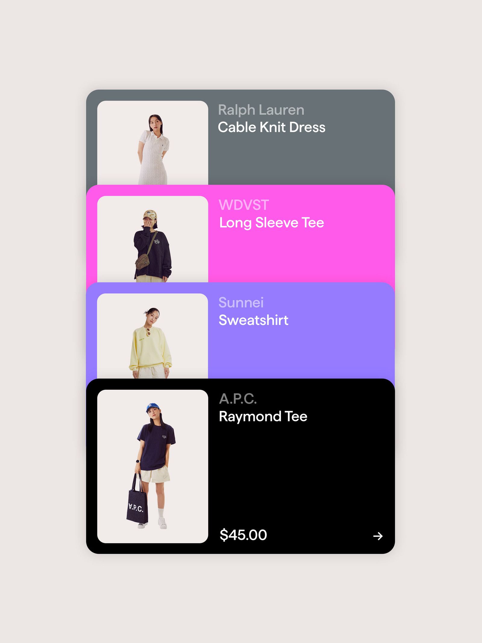 This image presents a clean, minimalist grid layout showcasing various apparel items with corresponding text labels. The design relies heavily on negative space and a limited, muted color palette to create a sophisticated and organized catalog feel.
