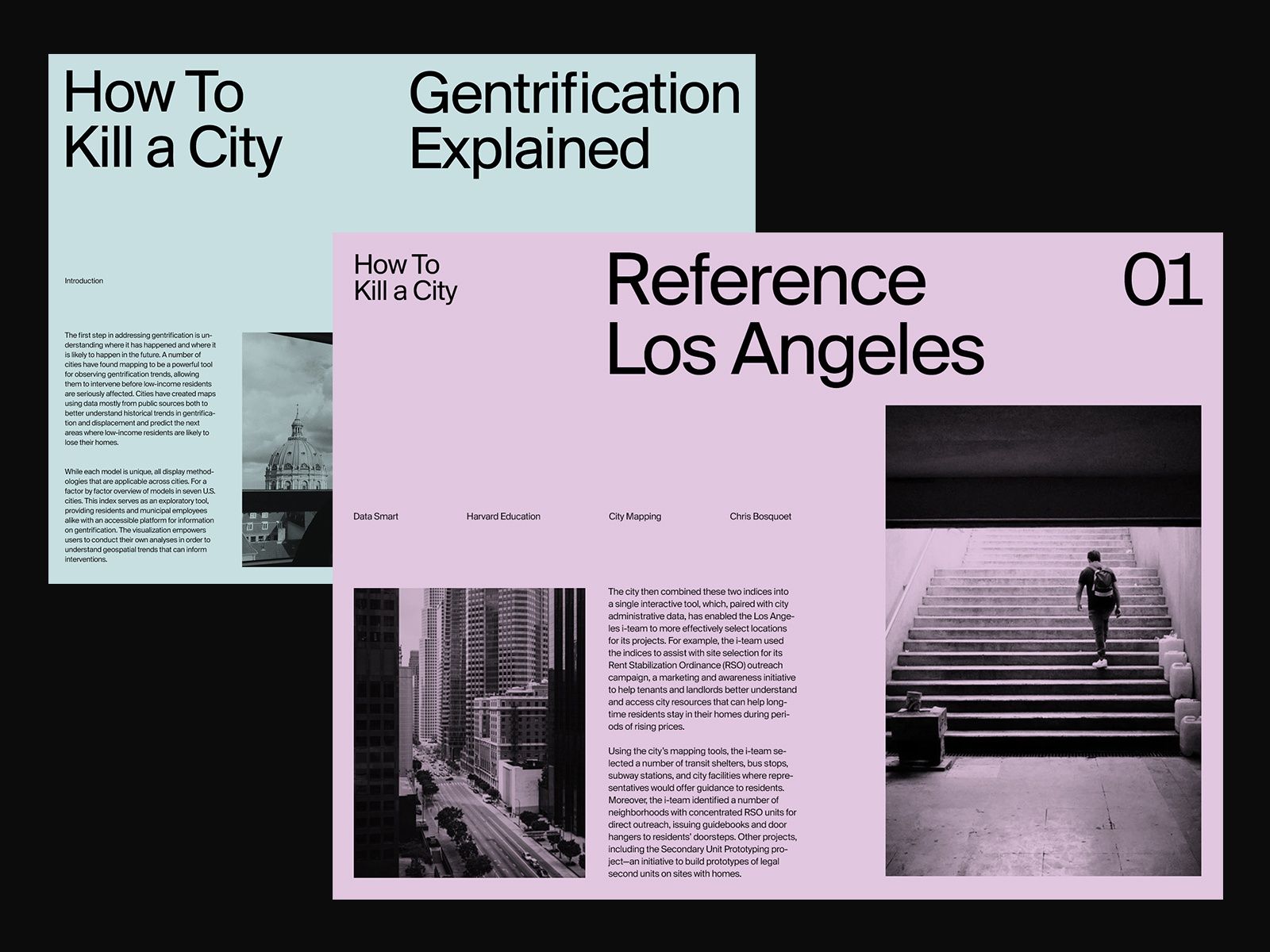 A contemporary editorial design system featuring layered publication spreads with a stark contrast between pale pink and light blue backgrounds. The layout demonstrates sophisticated typographic hierarchy and documentary photography, presenting urban sociology content with a modernist aesthetic.